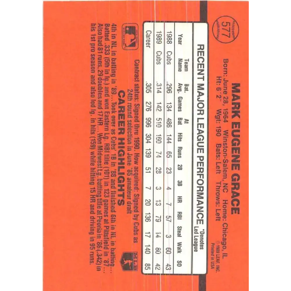 1990 Donruss #577 Mark Grace VG-EX Chicago Cubs Baseball Card - Baseball Card Single