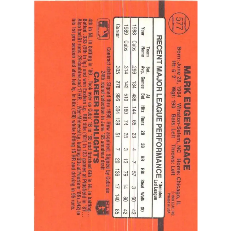 1990 Donruss #577 Mark Grace VG-EX Chicago Cubs Baseball Card - Baseball Card Single