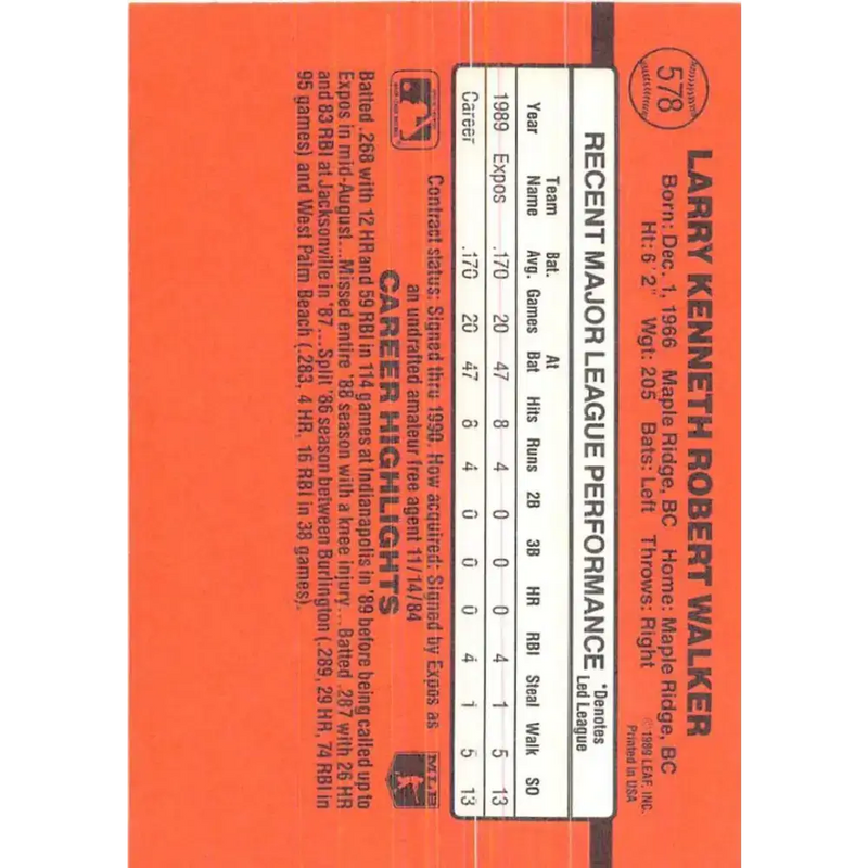 1990 Donruss #578 Larry Walker VG-EX RC Rookie Montreal Expos Baseball Card - Baseball Card Single