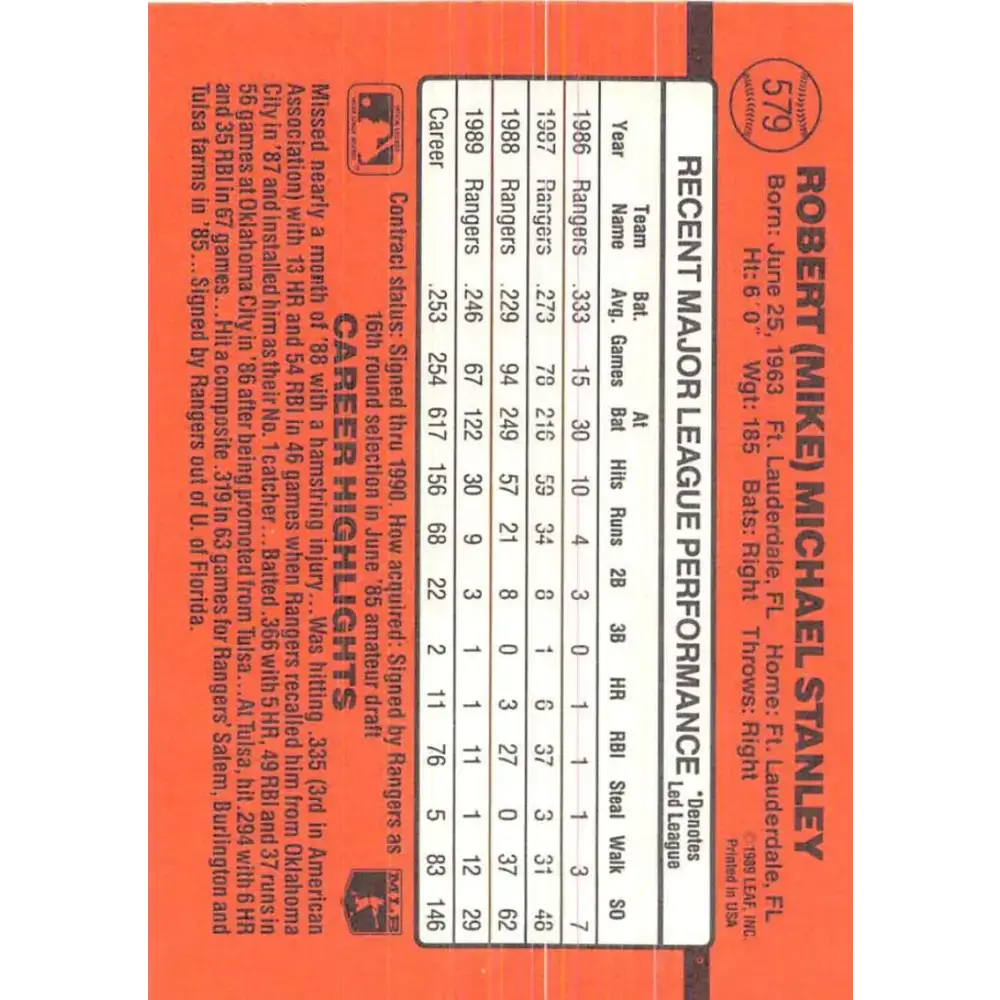1990 Donruss #579 Mike Stanley VG-EX Texas Rangers Baseball Card - Baseball Card Single