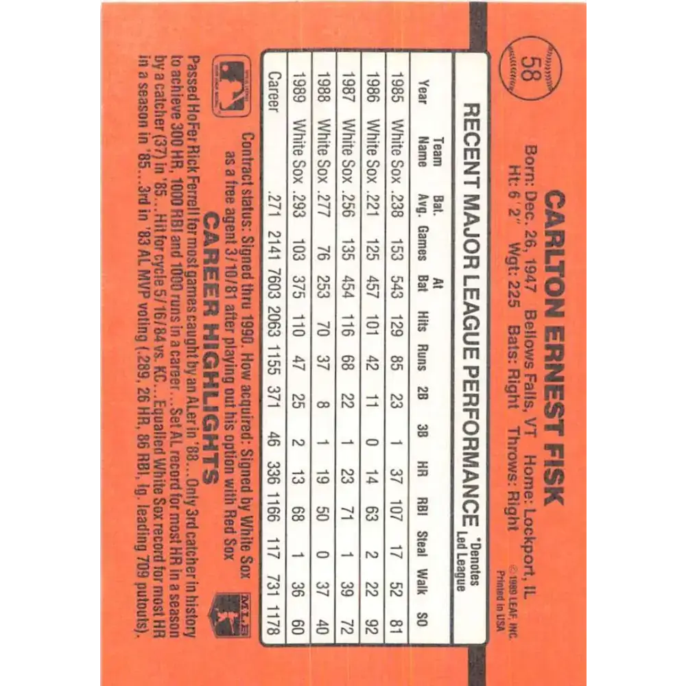 1990 Donruss #58 Carlton Fisk VG-EX Chicago White Sox Baseball Card - Baseball Card Single