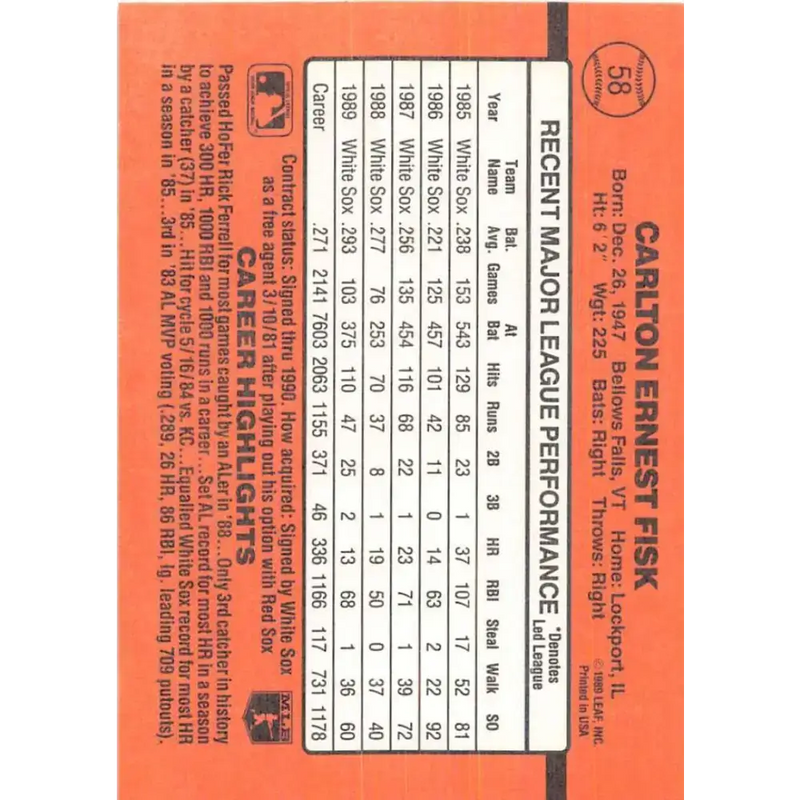 1990 Donruss #58 Carlton Fisk VG-EX Chicago White Sox Baseball Card - Baseball Card Single