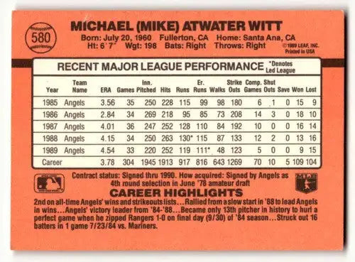 Baseball card back with original gloss from 1990 Donruss Mike Witt California Angels