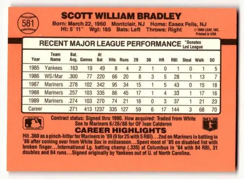 Scott Bradley Seattle Mariners baseball card from 1990 Donruss #581 featuring Scott Bradley