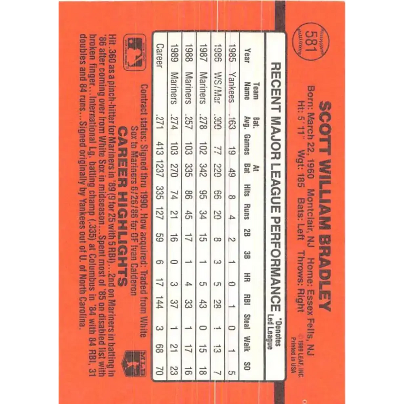 1990 Donruss #581 Scott Bradley VG-EX Seattle Mariners Baseball Card - Baseball Card Single