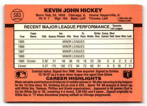 Baseball card back with original gloss for 1990 Donruss 583a Kevin Hickey Orioles