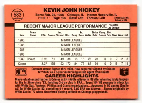 1990 Donruss #583a Kevin Hickey EX/NM Orioles ERR ID:64296 - Baseball Card Single