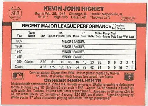 1990 Donruss #583a Kevin Hickey NM-MT Orioles ERR - Baseball Card Single