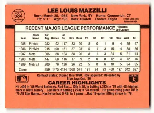 Original gloss Lee Mazzilli baseball card featuring Toronto Blue Jays from 1990 Donruss