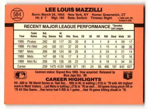 Back of 1990 Donruss Lee Mazzilli Toronto Blue Jays baseball card showing original gloss