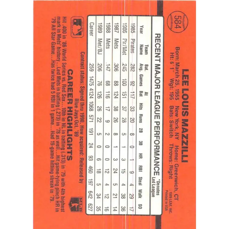 1990 Donruss #584 Lee Mazzilli VG-EX Toronto Blue Jays Baseball Card - Baseball Card Single