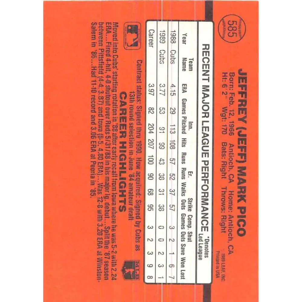 1990 Donruss #585 Jeff Pico VG-EX Chicago Cubs Baseball Card - Baseball Card Single