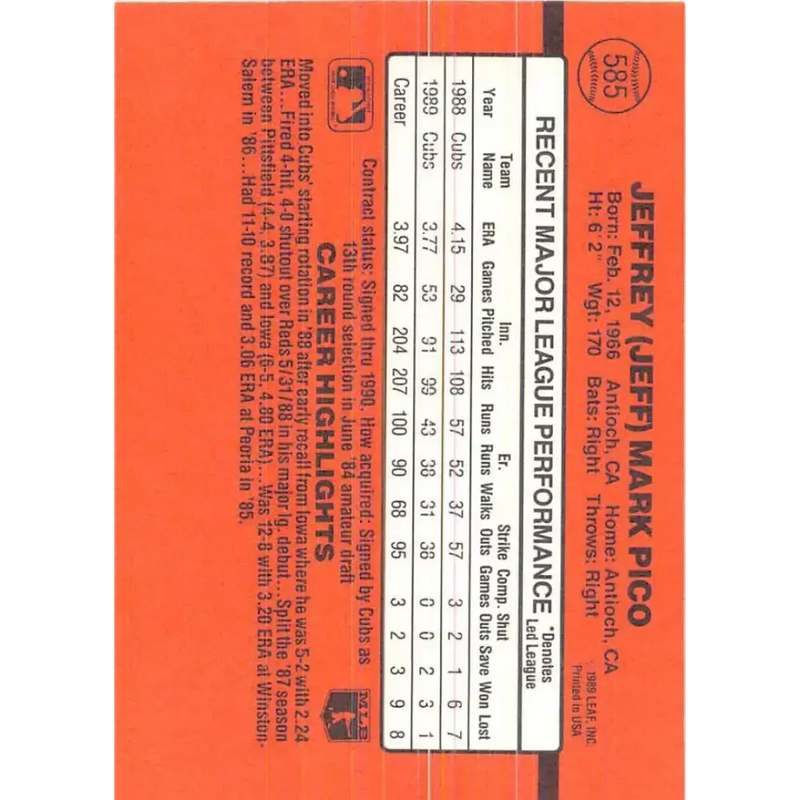 1990 Donruss #585 Jeff Pico VG-EX Chicago Cubs Baseball Card - Baseball Card Single