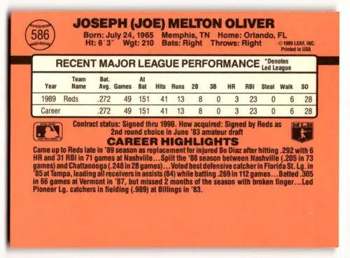 1990 Donruss #586 Joe Oliver Cincinnati Reds Baseball Cards EX/NM ID:54633 - Baseball Card Single