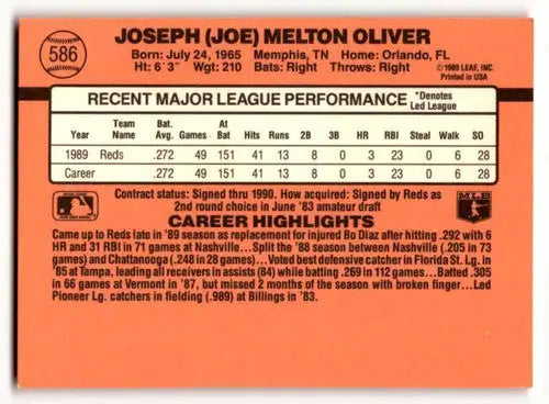 Baseball card back with original gloss from 1990 Donruss Joe Oliver Cincinnati Reds