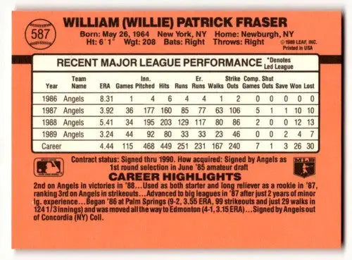 Willie Fraser California baseball card back from 1990 Donruss Fraser California Angels baseball cards