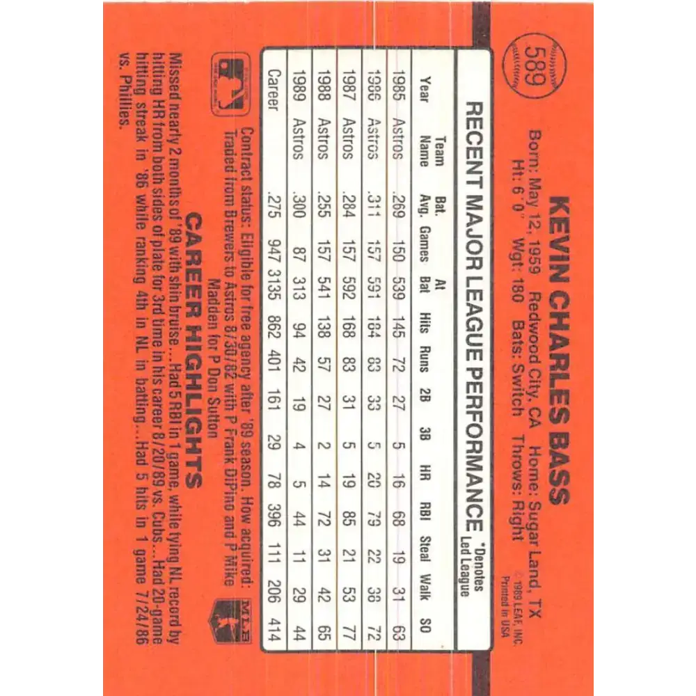 1990 Donruss #589 Kevin Bass DP VG-EX Houston Astros Baseball Card - Baseball Card Single