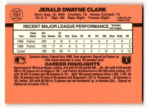 1990 Donruss #593 Jerald Clark San Diego Padres Baseball Cards EX/NM ID:56189 - Baseball Card Single