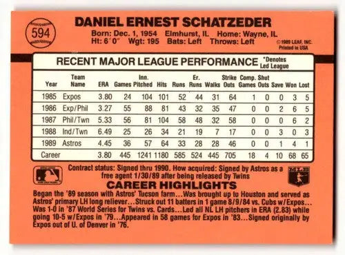 1990 Donruss #594 Dan Schatzeder Houston Astros Baseball Cards EX/NM ID:56174 - Baseball Card Single