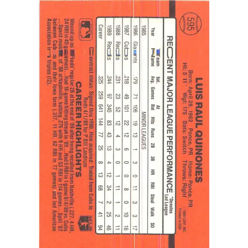 1990 Donruss #595 Luis Quinones DP VG-EX Cincinnati Reds Baseball Card - Baseball Card Single