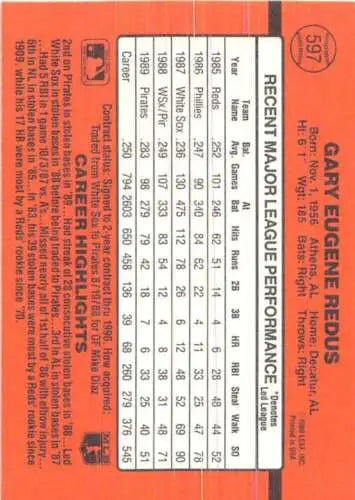 1990 Donruss #597 Gary Redus baseball card in original gloss, near mint condition