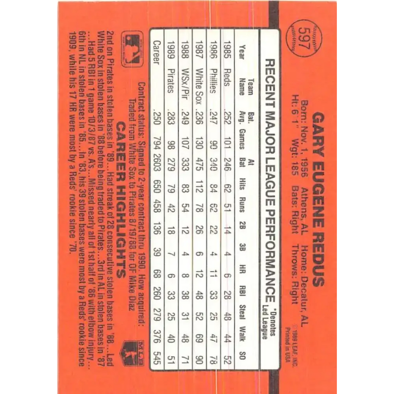 1990 Donruss #597 Gary Redus VG-EX Pittsburgh Pirates Baseball Card - Baseball Card Single