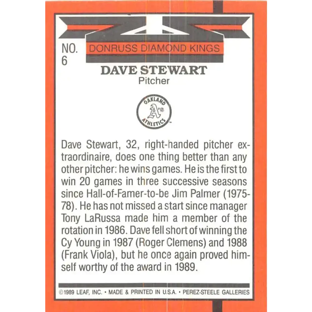 1990 Donruss #6 Dave Stewart DK VG-EX Oakland Athletics Baseball Card - Baseball Card Single