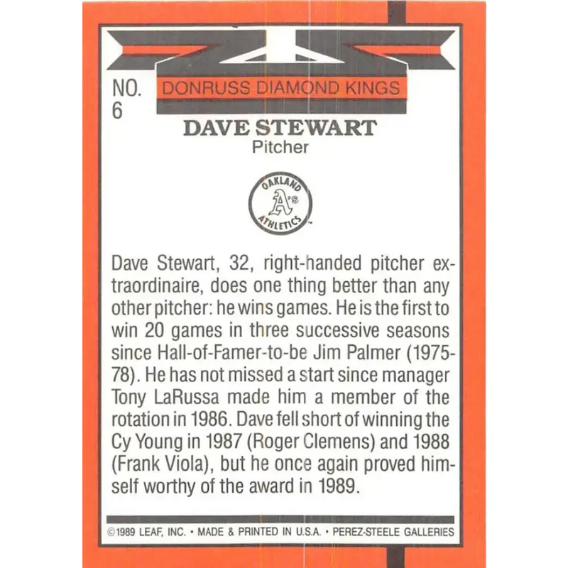 1990 Donruss #6 Dave Stewart DK VG-EX Oakland Athletics Baseball Card - Baseball Card Single