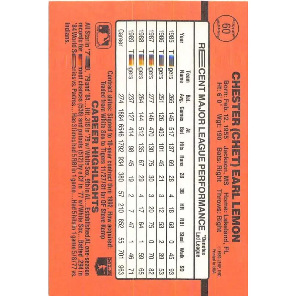 1990 Donruss #60 Chet Lemon VG-EX Detroit Tigers Baseball Card - Baseball Card Single