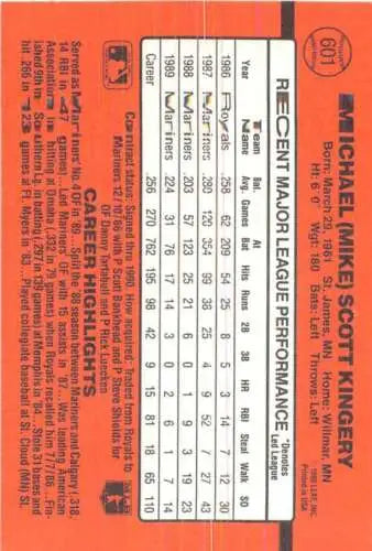 Back of 1990 Donruss #601 Mike Kingery NM card showcasing original gloss and details