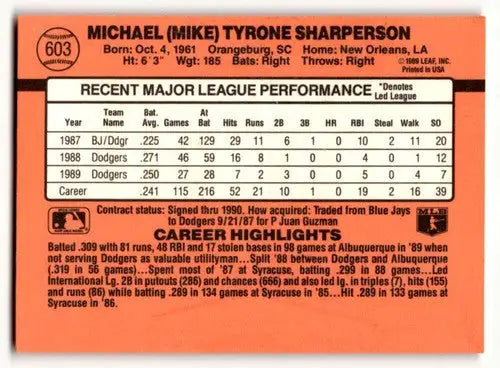 Michael Sharperson baseball card from 1990 Donruss Los Angeles Dodgers collection