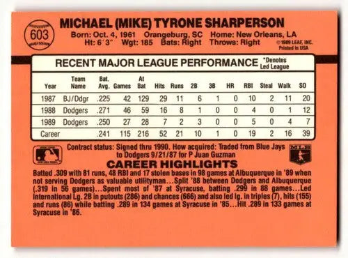 1990 Donruss #603 Mike Sharperson Los Angeles Dodgers Baseball Cards ID:56176 - Baseball Card Single