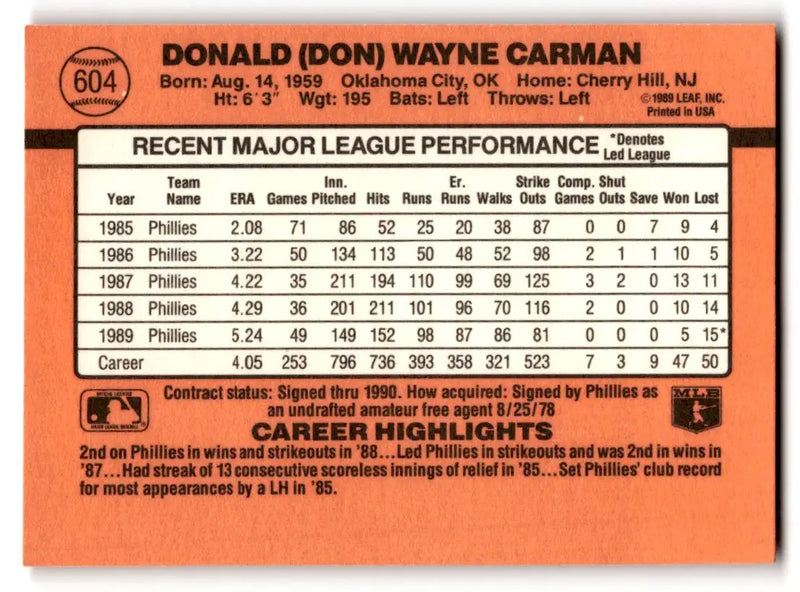 1990 Donruss #604 Don Carman - Baseball Card Single