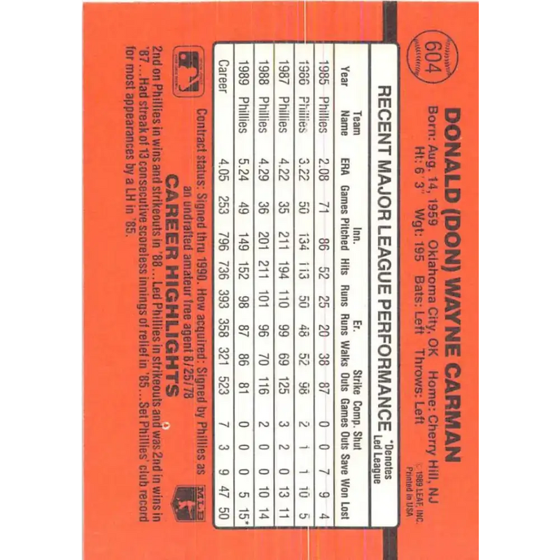 1990 Donruss #604 Don Carman DP VG-EX Philadelphia Phillies Baseball Card - Baseball Card Single