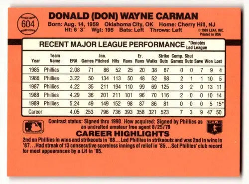 1990 Donruss #604 Don Carman Philadelphia Phillies Baseball Cards EX ID:56215 - Baseball Card Single