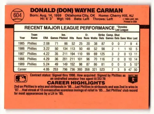 1990 Donruss #604 Don Carman Philadelphia Phillies Baseball Cards EX ID:56217 - Baseball Card Single
