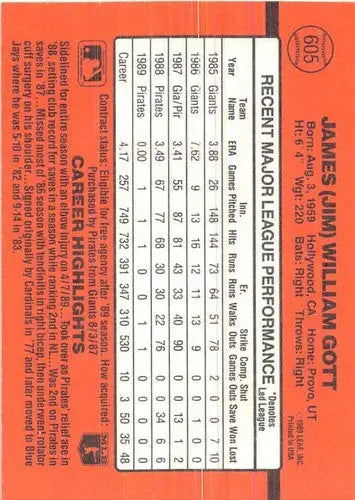 1990 Donruss #605 Jim Gott NM Near Mint Pirates - Baseball Card Single