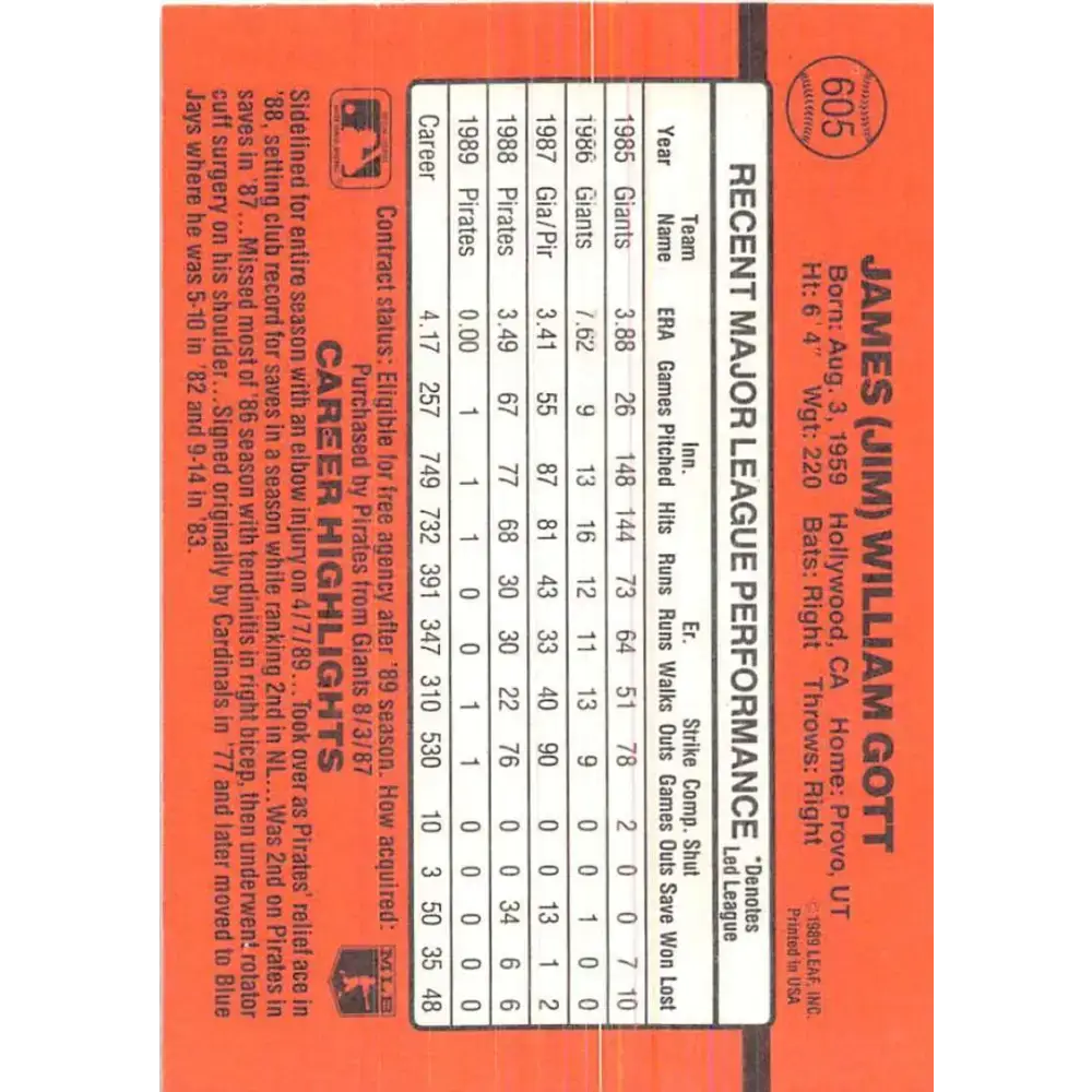 1990 Donruss #605 Jim Gott VG-EX Pittsburgh Pirates Baseball Card - Baseball Card Single