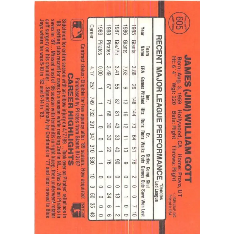 1990 Donruss #605 Jim Gott VG-EX Pittsburgh Pirates Baseball Card - Baseball Card Single
