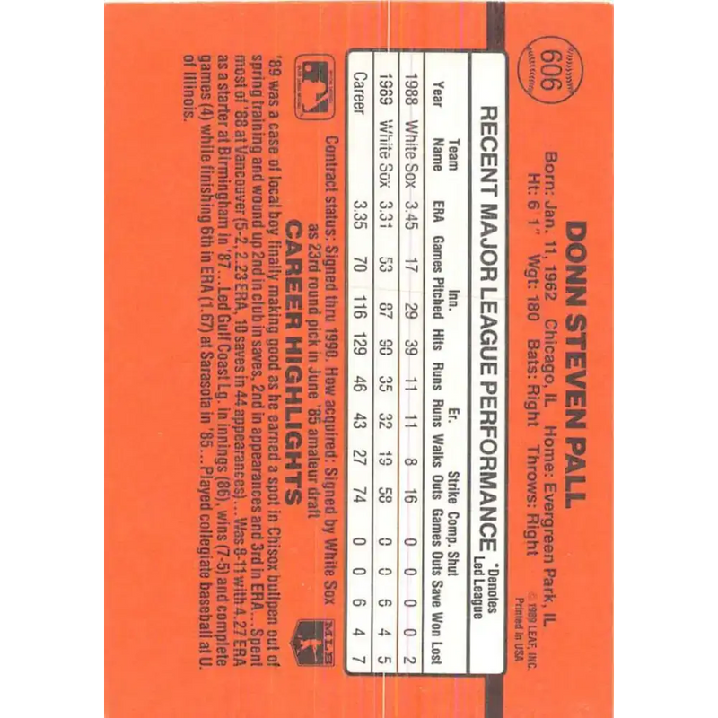 1990 Donruss #606 Donn Pall DP VG-EX Chicago White Sox Baseball Card - Baseball Card Single