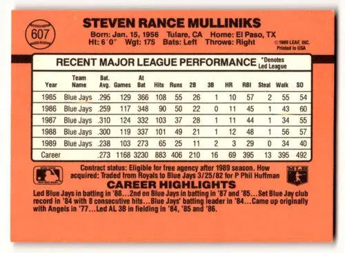 1990 Donruss #607 Rance Mulliniks Toronto Blue Jays Baseball Cards E ID:57622 - Baseball Card Single