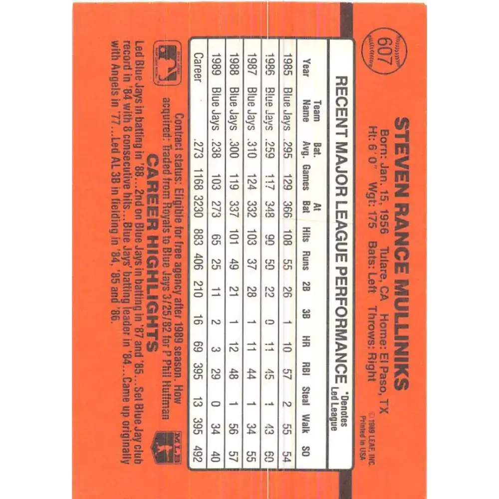 1990 Donruss #607 Rance Mulliniks VG-EX Toronto Blue Jays Baseball Card - Baseball Card Single