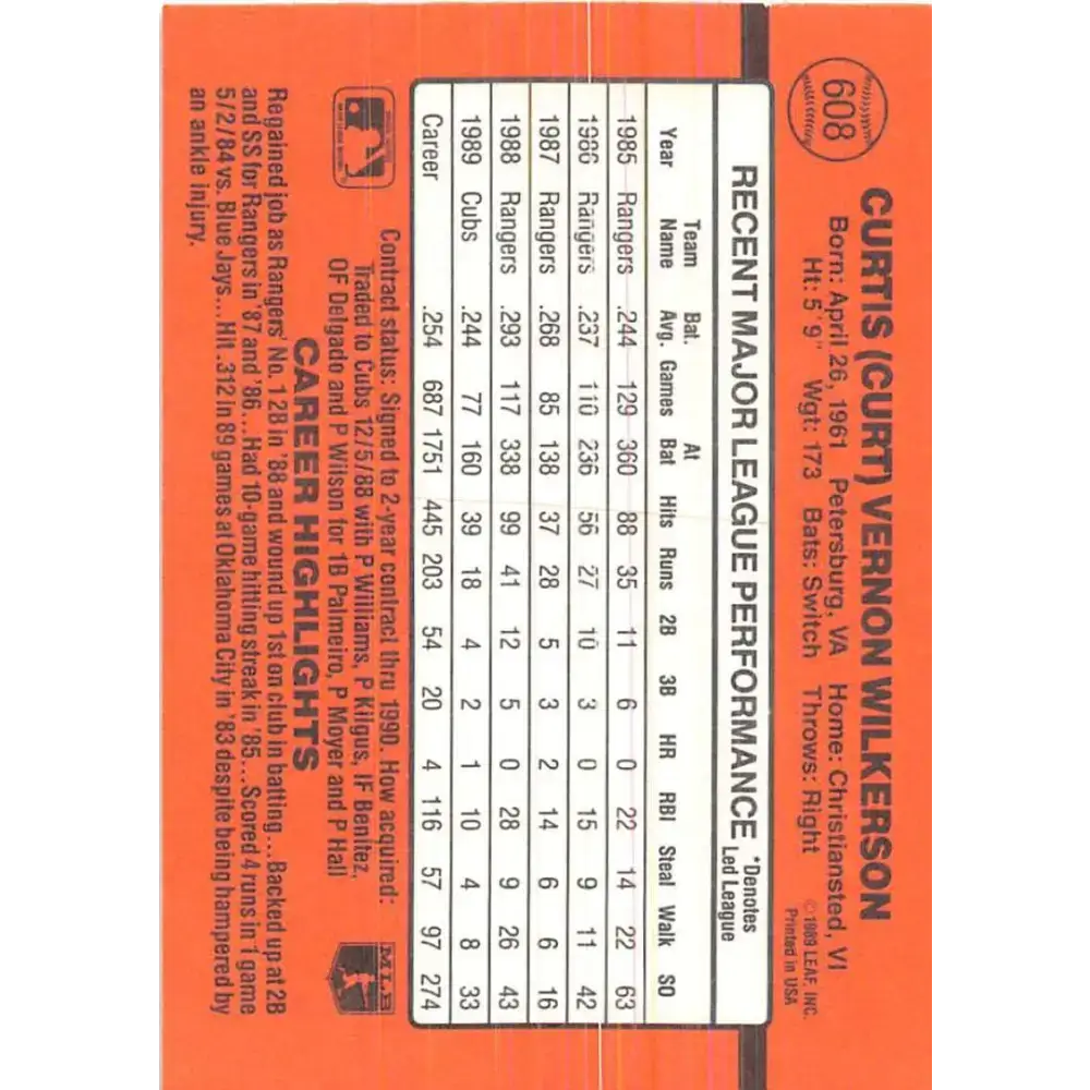1990 Donruss #608 Curt Wilkerson DP VG-EX Chicago Cubs Baseball Card - Baseball Card Single