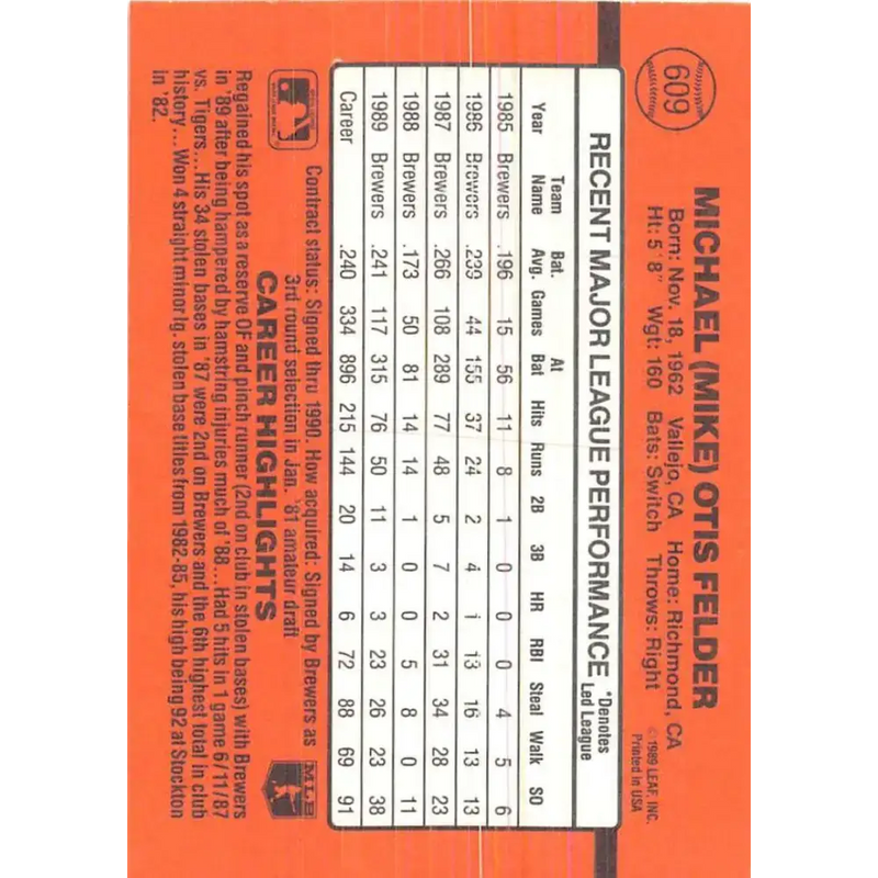 1990 Donruss #609 Mike Felder DP VG-EX Milwaukee Brewers Baseball Card - Baseball Card Single
