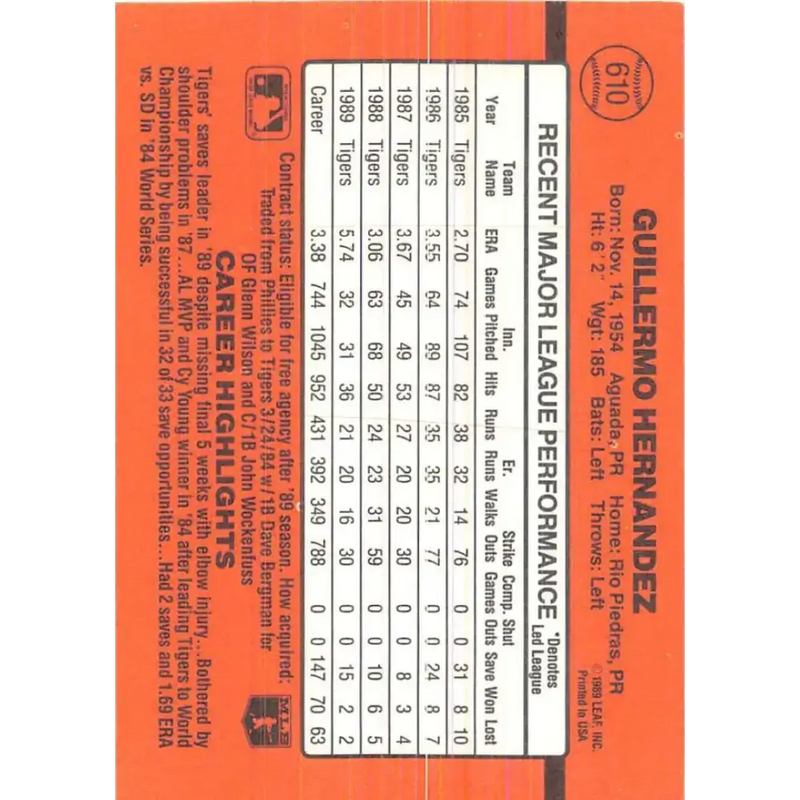 1990 Donruss #610 Guillermo Hernandez DP VG-EX Detroit Tigers Baseball Card - Baseball Card Single