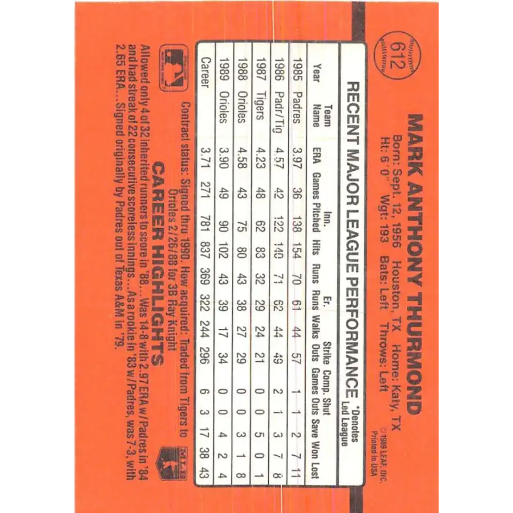 1990 Donruss #612 Mark Thurmond DP VG-EX Baltimore Orioles Baseball Card - Baseball Card Single