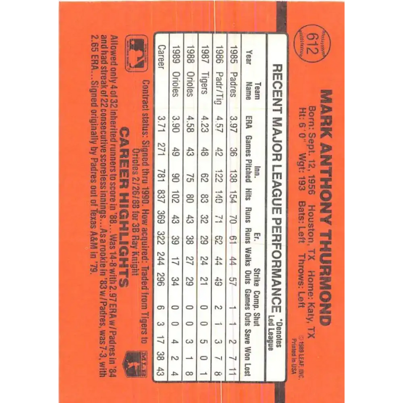 1990 Donruss #612 Mark Thurmond DP VG-EX Baltimore Orioles Baseball Card - Baseball Card Single