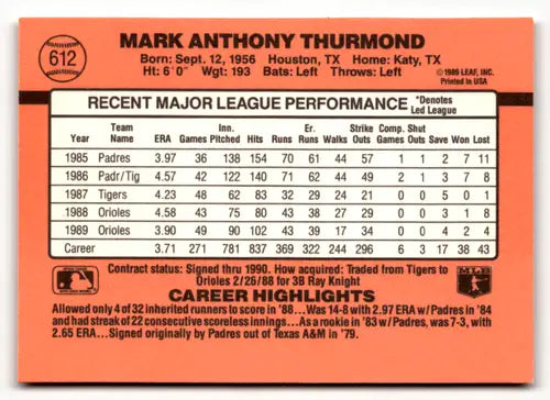 1990 Donruss #612 Mark Thurmond NM Near Mint Orioles DP ID:49051 - Baseball Card Single