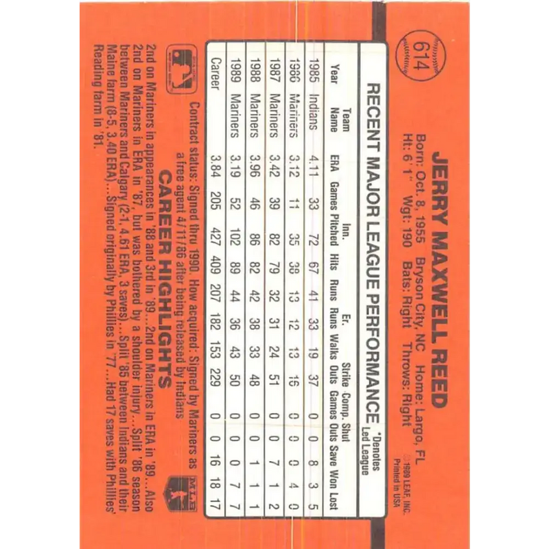 1990 Donruss #614 Jerry Reed DP VG-EX Seattle Mariners Baseball Card - Baseball Card Single