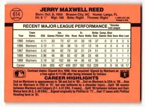Back of 1990 Donruss Jerry Reed Seattle Mariners baseball card with player stats